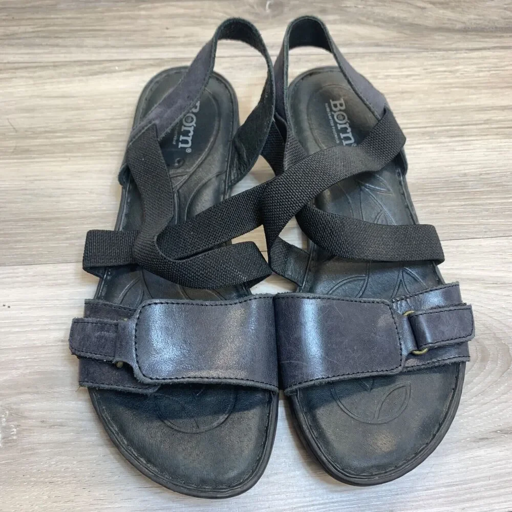 Womens Born Britton Black Navy Leather Criss Cross Strap Comfort Sandal Size 8 M